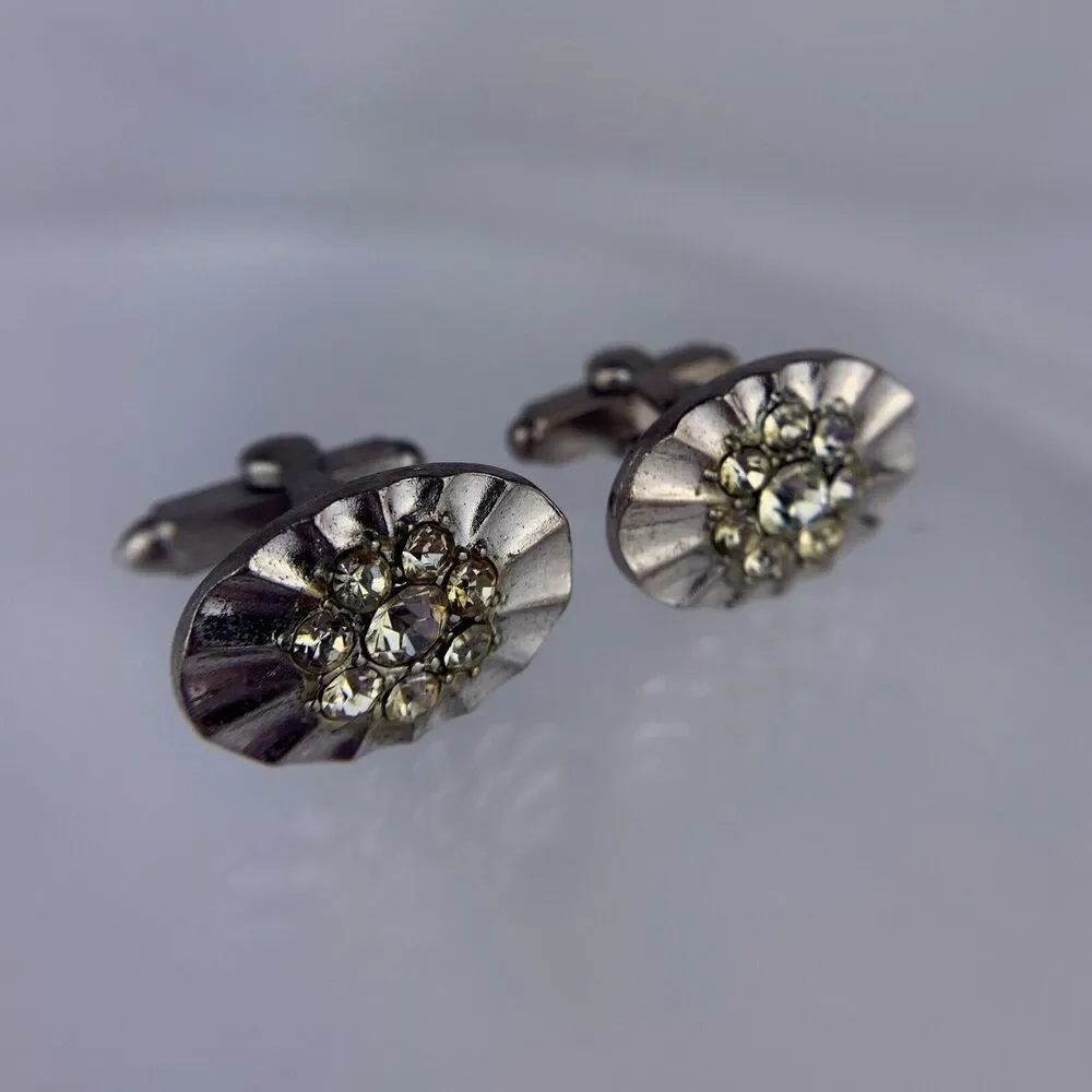 Crystals Cluster Silver Tone Cufflinks Small Sparkle Rays Ruffles Vintage